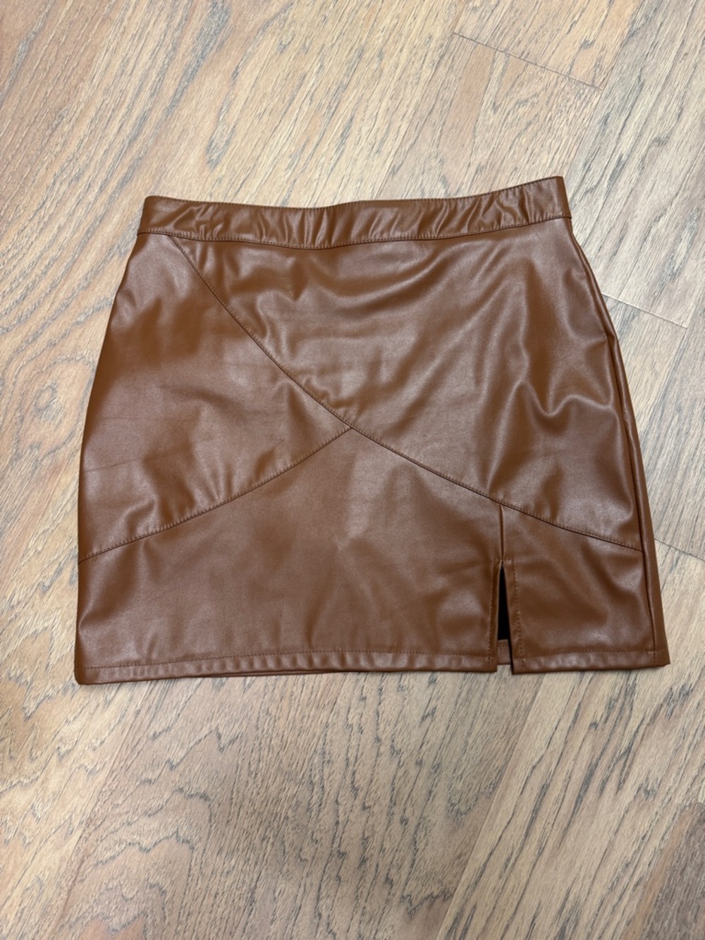 Faux Leather Brown Mini Skirt with Front Slit